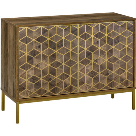 Meuble d'entrée et salon en bois avec 2 portes, buffet moderne avec décorations dorées et pieds en acier, 99 x 39 x 75,5 cm