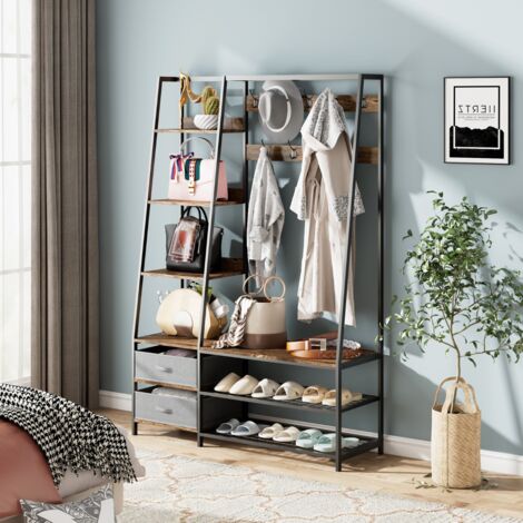 Meuble d’Entrée Grand Porte Manteau 9 Crochets Doubles 2 Tiroirs 6 Étagères 1 Banc à chaussures de Style Industriel Brun CW1733 Maison Chic