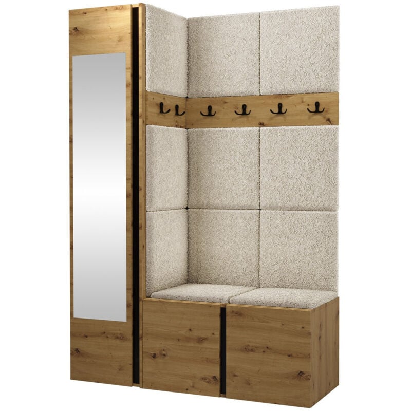 Mobilier1 - Meuble d'entrée Hartford 277, Abriamo 3, 186x124x46cm, Miroir, Tapisserie, Stratifié, à suspendre, à poser