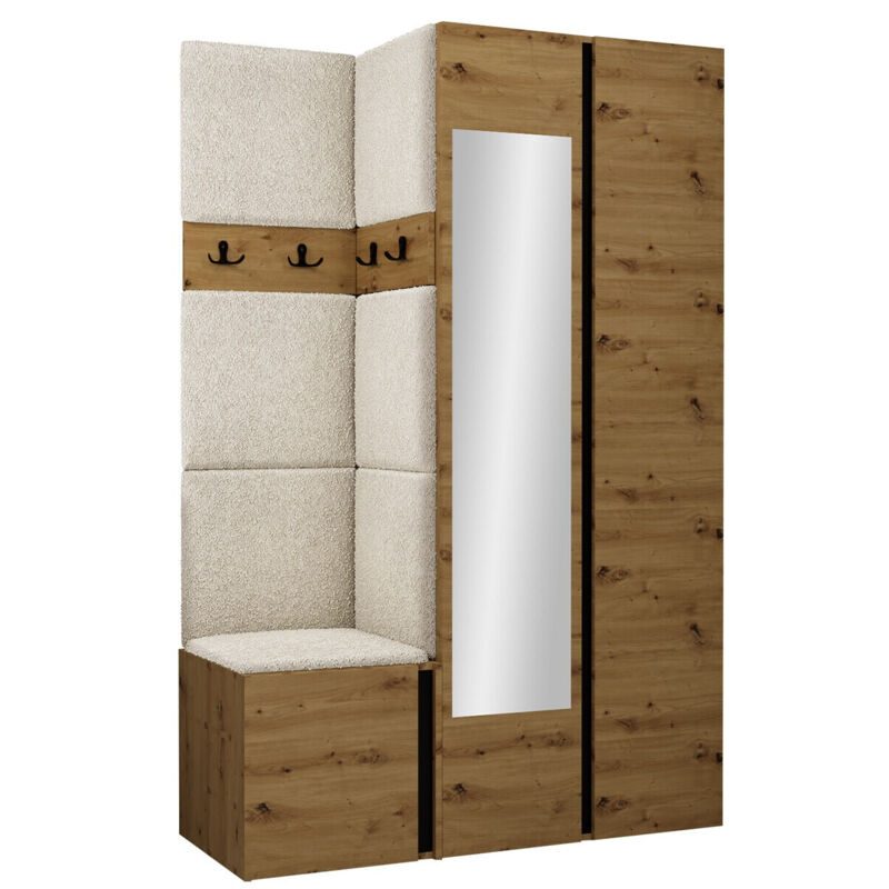 Mobilier1 - Meuble d'entrée Hartford 350, Chêne Artisan + Noir, 186x116x44cm, Miroir, Tapisserie, Stratifié, à suspendre, à poser