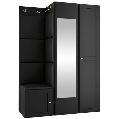 Meuble d'entrée Hartford 380, Noir, 186x116x46cm, Disponible, MDF, Stratifié, Faux cuir, Murale, À poser