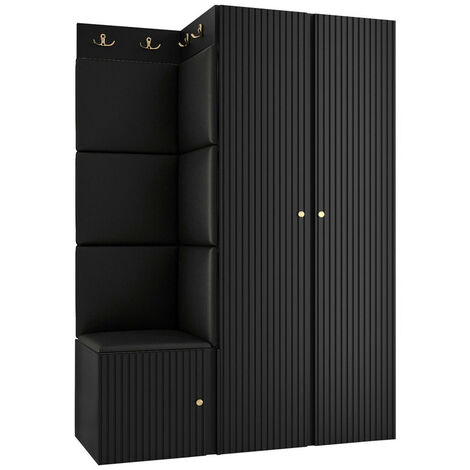 Meuble d'entrée Hartford 387, Noir, 186x116x46cm, MDF, Stratifié, Faux cuir, Murale, À poser