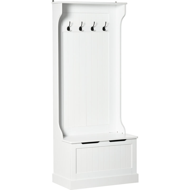 Meuble d'entrée - HOMCOM - 4 en 1 - banc de rangement et 4 crochets doubles - MDF - 71,5 x 39,5 x 170 cm - blanc