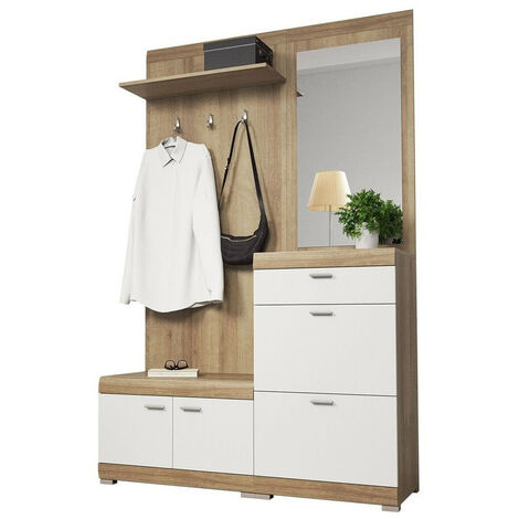 MOBILIER1 Meuble d'entrée Lima 103 , 197x135x34cm, Miroir, Riviera chêne, Blanc, MDF, Stratifié, Mis