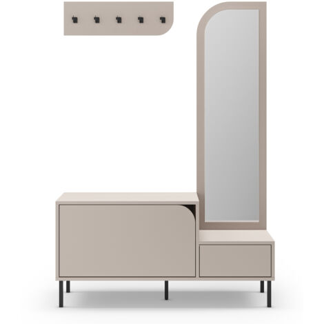 Meuble d'entrée, meuble à chaussures aspect bois coloris crème avec miroir et portant, pieds en métal noir - Longueur 112 x Profondeur 38,50 x Hauteur 172 cm