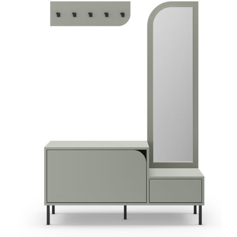 Meuble d'entrée, meuble à chaussures aspect bois coloris vert avec miroir et portant, pieds en métal noir - Longueur 112 x Profondeur 38,50 x Hauteur 172 cm