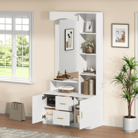 Meuble d'entrée multifonction blanc en panneau de bois, armoire avec étagère à chaussures, miroir et commode, complet pour hall domestique