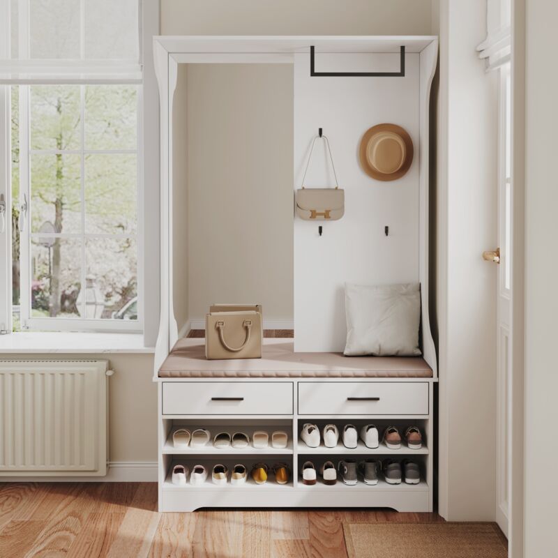 Meuble d'Entrée Multifonctionnel – Porte-Manteau avec Miroir, Banc de Rangement, Crochets et Tringle –104x35x180cm – Blanc