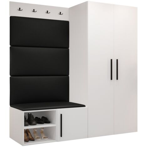 Meuble d'entrée Nitos I, Blanc, 191x164x50cm, Stratifié, Faux cuir, Murale, À poser