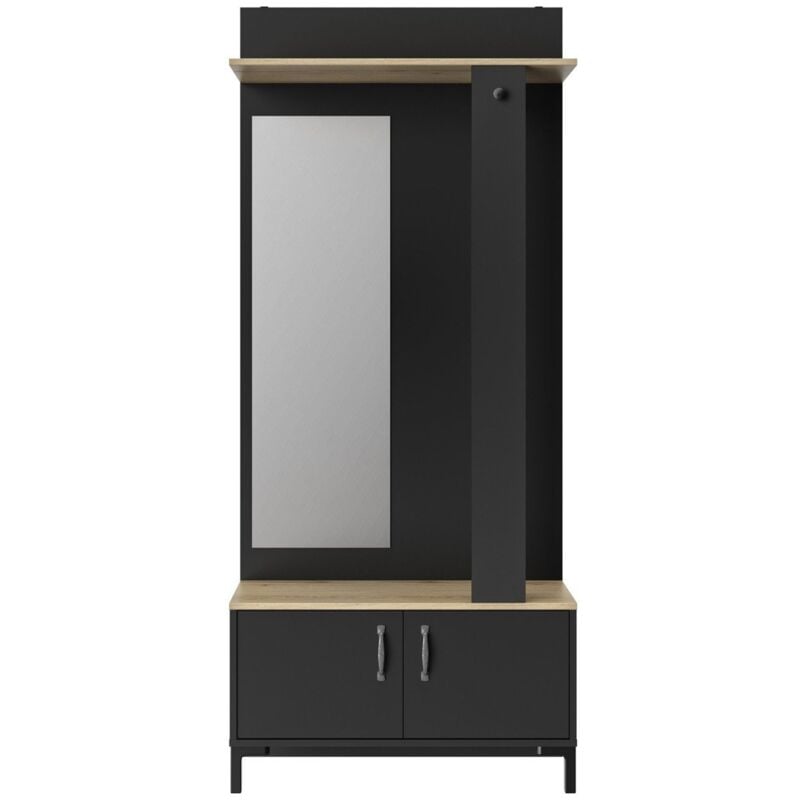 Calicosy - Meuble d'entrée noir 2 portes et un miroir - Fabrication Française