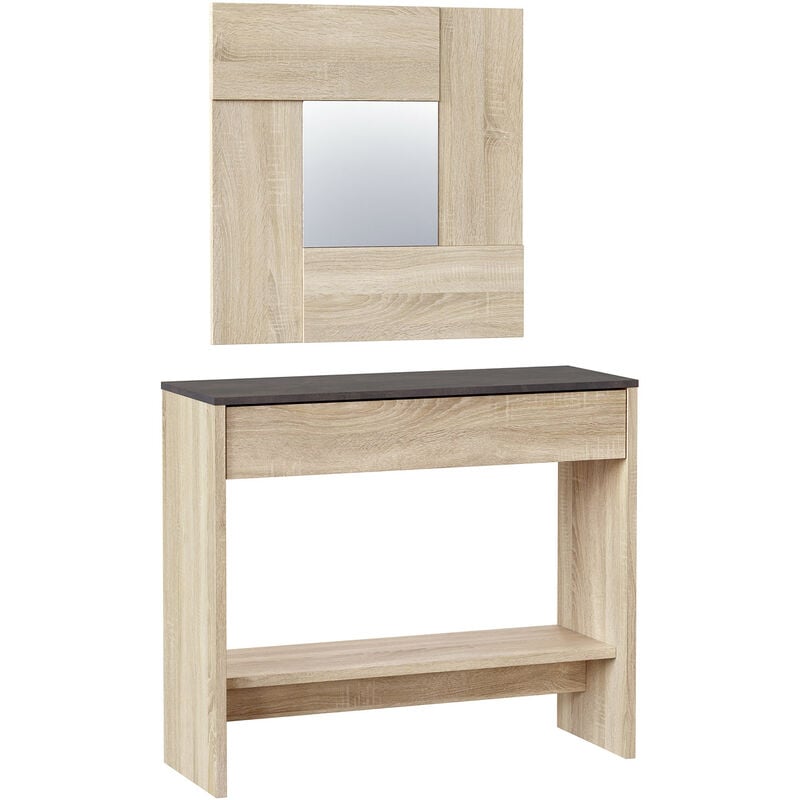 Meuble d'entrée Pablo 1 tiroir et miroir, chêne et rouille, 92 cm largeur