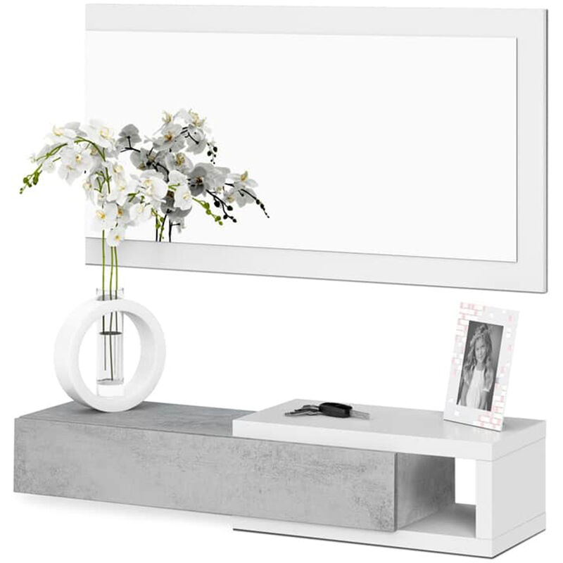 Meuble d'Entrée réversible avec Miroir et 1 Tiroir coloris blanc artic / ciment - 19 x 95 x 26 cm -PEGANE-