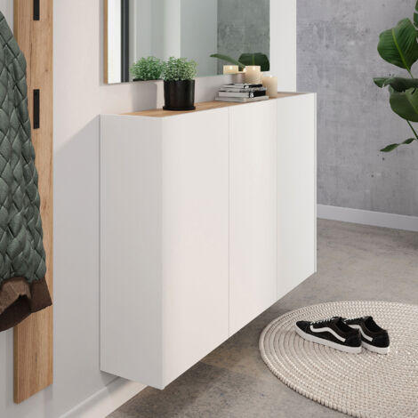 Meuble d'entrée suspendu 138x25x87 cm blanc et chêne - TREDY