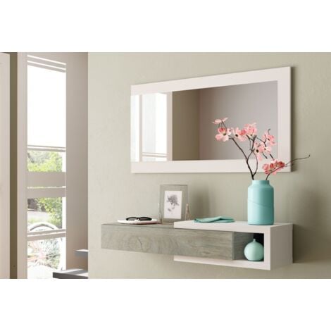 Meuble d’entrée suspendu blanc mat et chêne avec tiroir et miroir - Keila