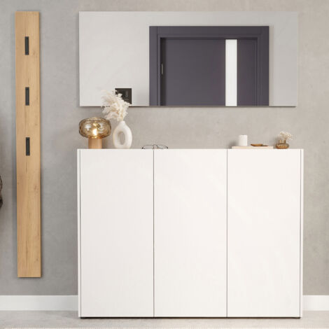 Meuble d'entrée suspendu blanc + miroir + porte manteau - TREDY