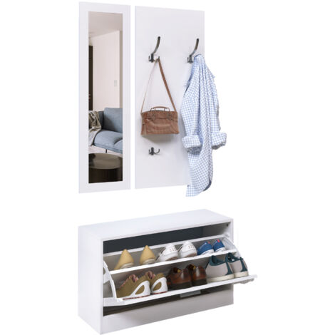 Meuble d’entrée trois pièces blanc : porte-chaussures, miroir et porte-manteaux. Crochets multiples pour ranger vêtements et accessoires du quotidien.