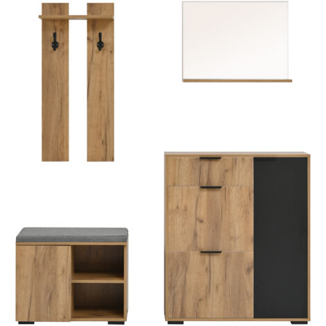 Meuble d'Entrée Vestiaire Naturel Noir 140x35x139cm, Banc Chaussures Miroir Tiroir Portes
