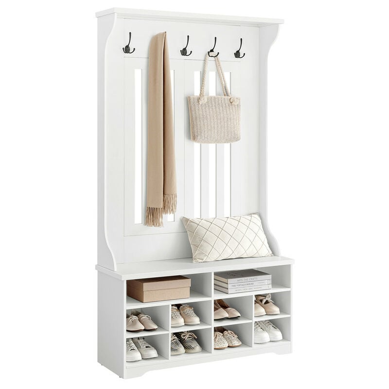 Vasagle - Meuble d'Entrée, Vestiaire, Porte-manteau avec Banc, Rangement pour Chaussures, avec Crochets, Étagère Réglable, Moderne, Blanc