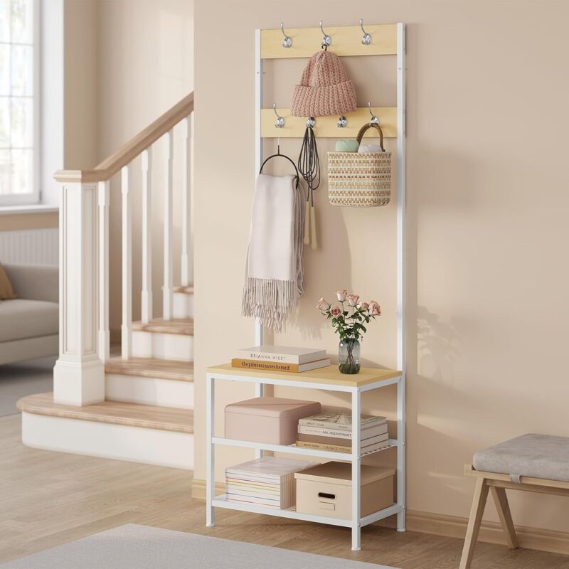 Meuble d'Entrée Woltu Portemanteau en Métal+Bois d'Ingénierie, avec Étagère à Chaussures et Banc, Chêne Clair+Blanc, 60x31,5x170cm