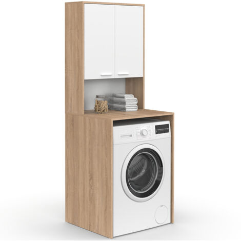 IDMARKET Meuble dessus de machine à laver WALLIS avec placard bois façon hêtre et blanc