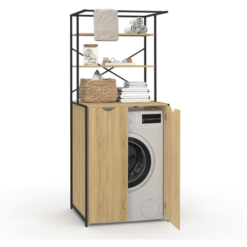 Idmarket – Meuble dessus machine à laver fermé – Bois clair et métal noir – 2 étagères – Dimensions 66x62,5x162 cm – Style industriel
