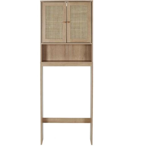 The Home Deco Factory – Meuble pour WC en bois clair et rotin – Dimensions 60x20x166 cm – 2 portes avec tablette réglable – Rangement élégant au-dessus des toilettes