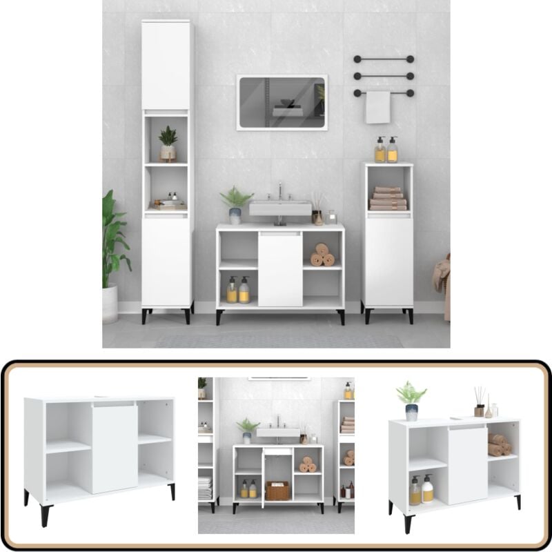 Meuble d'évier blanc 80x33x60 cm bois d'ingénierie - Armoire De Salle De Bain - Meuble Vasque - Meuble Sous Évier - Rangement Salle De Bain - Meuble