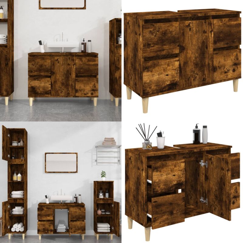 Meuble d'évier chêne fumé 80x33x60 cm bois d'ingénierie - Armoire De Salle De Bain - Meuble Vasque - Meuble Lavabo - Rangement Salle De Bain - Meuble