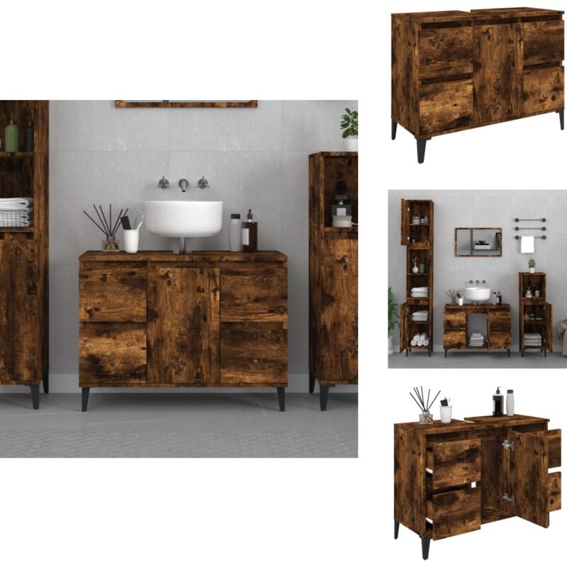 Meuble d'évier chêne fumé 80x33x60 cm bois d'ingénierie - Armoire De Salle De Bain - Meuble Vasque - Meuble Sous Évier - Rangement Salle De Bain