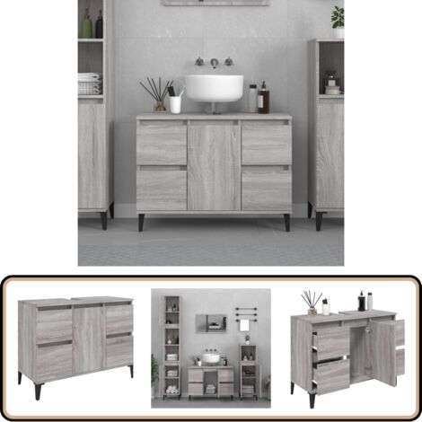 Meuble d'évier sonoma gris 80x33x60 cm bois d'ingénierie - Armoire De Salle De Bain - Meuble Vasque - Meuble Sous Évier - Rangement Salle De Bain - Meuble Design