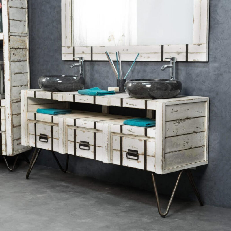 Wanda Collection - Meuble double sous vasque Loft mindi et métal 160 blanc