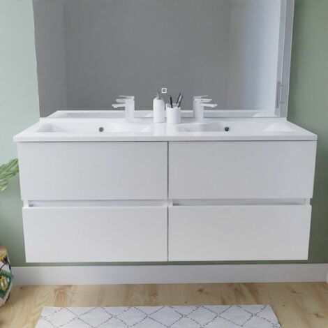 Meuble double vasque 120 cm ROSALY INOX- Blanc- Plan vasque en Résine
