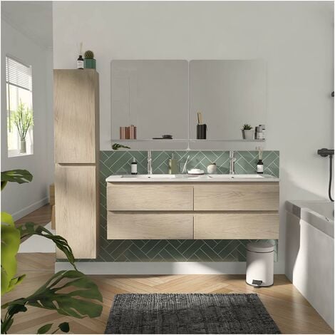 Meuble double vasque 120cm avec plan céramique SORRENTO Décor chêne+miroir+co
