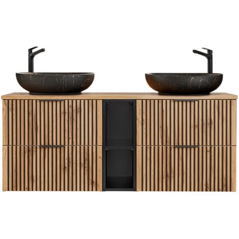 Meuble double vasque 140cm 2 niches Gaia Bois et Noir - Vasque Noir