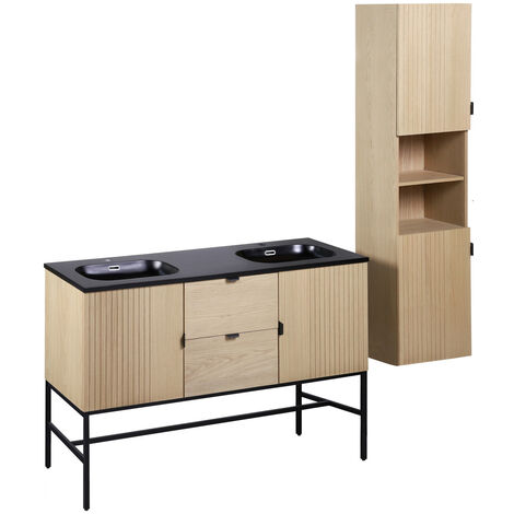 Meuble double vasque 140cm chêne STUDIO sur pieds + colonne