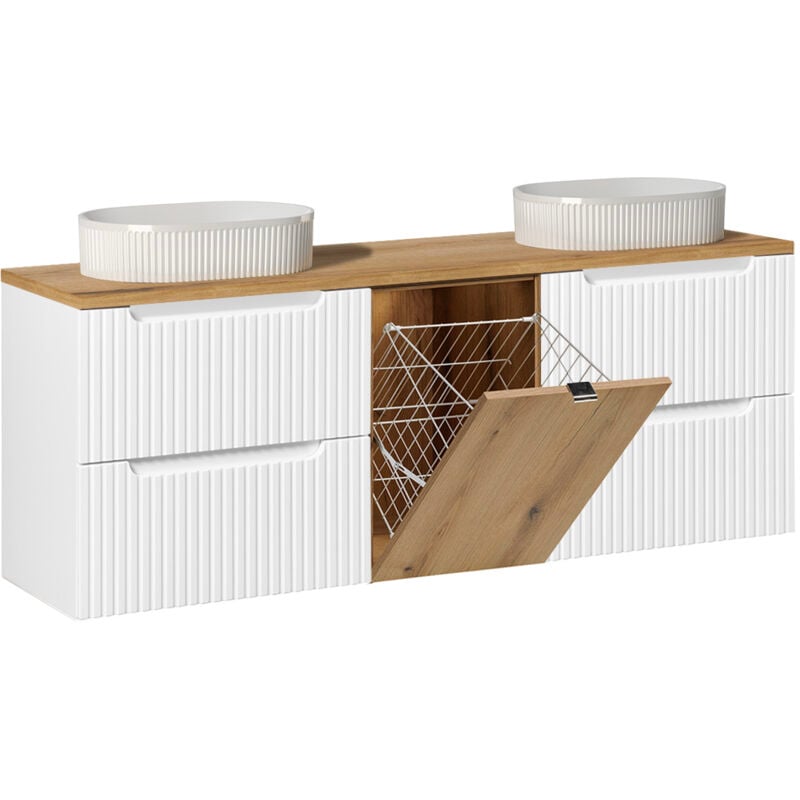 Petits-meubles - Meuble double vasque 160cm panier à linge Riva Blanc et Bois
