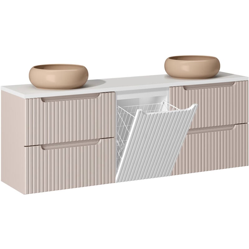 Petits-meubles - Meuble double vasque 160cm panier à linge Riva Cachemire et Blanc