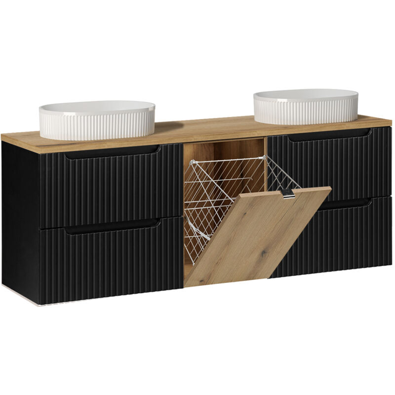 Petits-meubles - Meuble double vasque 160cm panier à linge Riva Noir et Bois