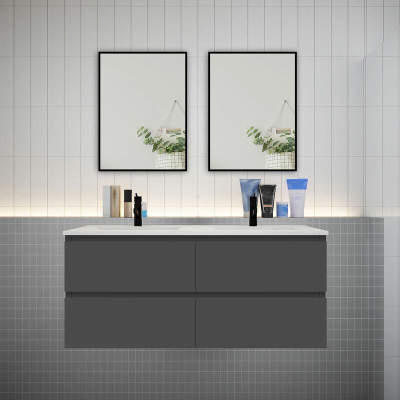 Biubiubath - Meuble double vasque, 4t l.120 x W.46 x H.52 cm,Anthracite,avec lavabo et 2xmiroir encadré-suspendu
