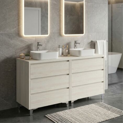 Meuble double vasque à poser L. 120 cm sur pied 6 tiroirs Chêne blanchi LISBONA - sans colonne