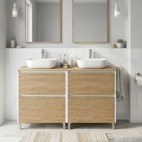 Meuble double vasque à poser L. 120 cm sur pied Blanc laqué 4 tiroirs Chêne naturel LISBONA - sans colonne