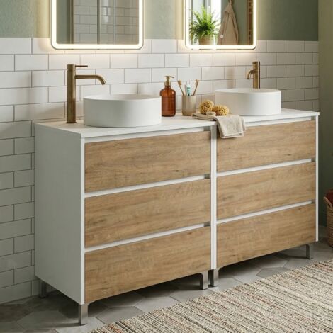 Meuble double vasque à poser L. 120 cm sur pied Blanc laqué 6 tiroirs Chêne naturel LISBONA - sans colonne