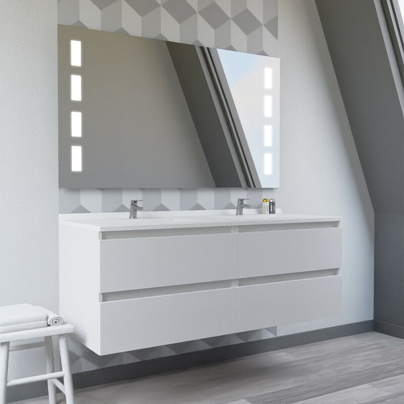 Meuble double vasque 140 cm ARLEQUIN avec miroir Prestige- Vasque Blanc- Traverses Blanc