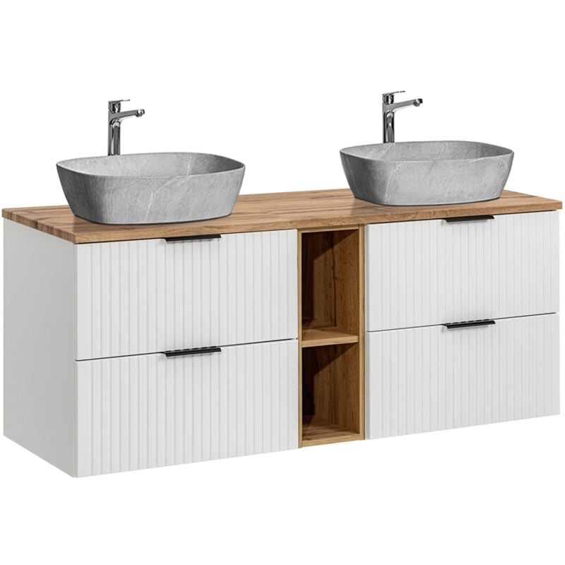 Petits-meubles - Meuble double vasque effet pierre 140cm 2 niches Adriel Blanc