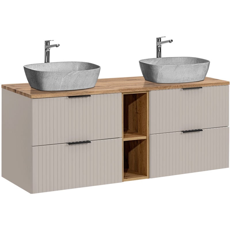 Petits-meubles - Meuble double vasque effet pierre 140cm 2 niches Adriel Cachemire et Bois