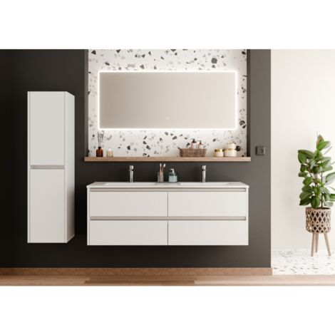 Meuble double vasque JUPITER 3.0 Blanc Brillant 140cm avec miroir Reflet