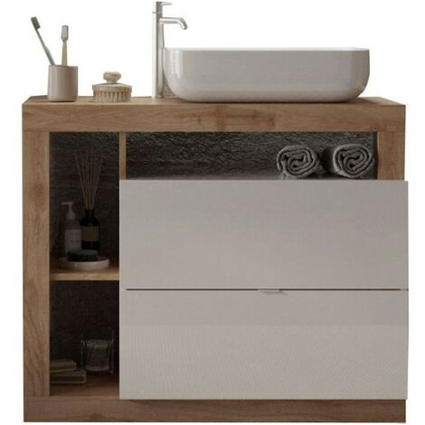Meuble double vasque L110 – Vasque à poser céramique L50 – 2 tiroirs et 3 niches – Chêne clair et laqué blanc – Style scandinave moderne