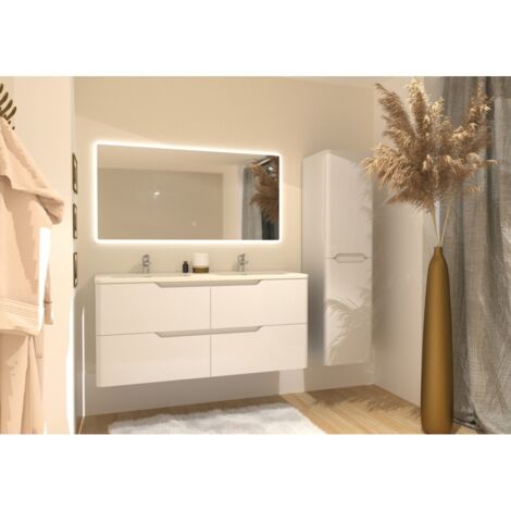 Meuble double vasque LUNA Blanc brillant 120cm avec Miroir Reflet