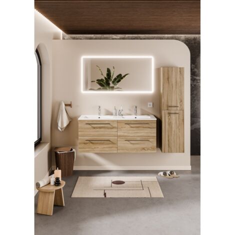 Meuble double vasque NEPTUNE 120 Bois Clair - Miroir Reflet