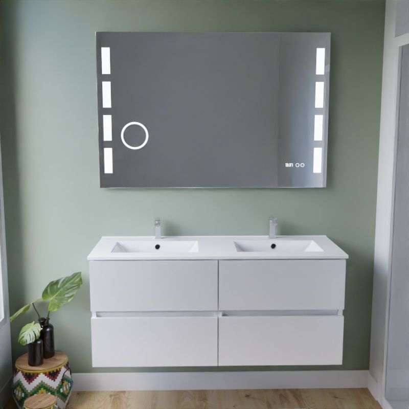Cuisibane - Meuble double vasque inox 120 cm rosinox + miroir led Excellence- Blanc- Plan vasque en Céramique